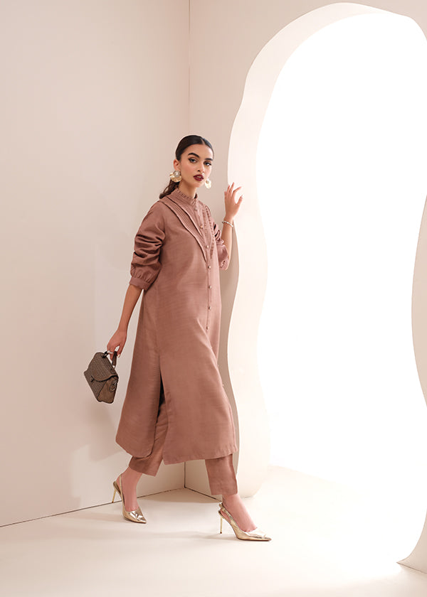 Buy a Smoky Quartz raw silk outfit online featuring pintucks, frill details, and a button-down frontâ??perfect for an elegant statement look.