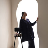  Sapphire blue crepe suit with a V-cut neckline and wide-leg pants